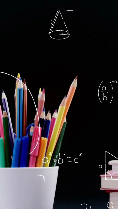 Mathematical equations floating against apple on stack of books and pencil stand Stock Footage 341953456