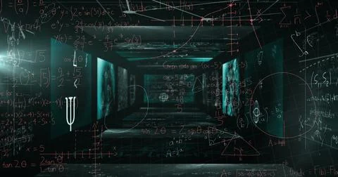 Mathematical equations floating against screens with mathematical symbols on Stock Illustration