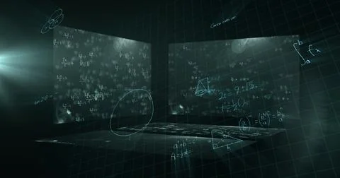 Mathematical equations floating against screens with mathematical symbols on Stock Illustration