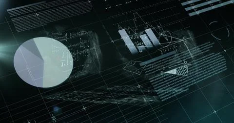 Mathematical equations floating against statistical data processing against Illustrazione stock