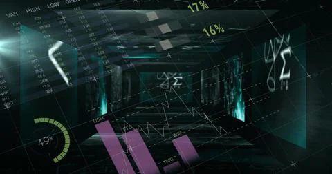 Mathematical equations floating against statistical data processing against Illustrazione stock