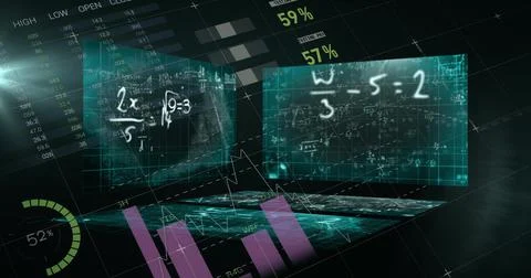Mathematical equations floating against statistical data processing against Illustrazione stock