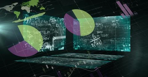 Mathematical equations floating against statistical data processing against Illustrazione stock
