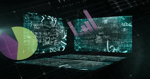 Mathematical equations floating against statistical data processing against Stock Illustration