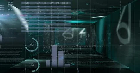 Mathematical equations floating against statistical data processing against Illustrazione stock