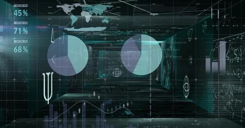 Mathematical equations floating against statistical data processing against Stock Illustration