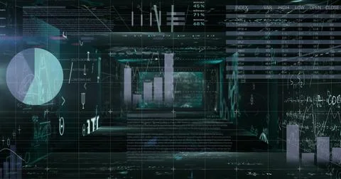 Mathematical equations floating against statistical data processing against Illustrazione stock