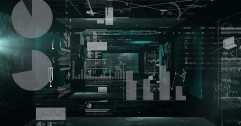 Mathematical equations floating against statistical data processing against Illustrazione stock