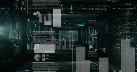 Mathematical equations floating against statistical data processing against Illustrazione stock