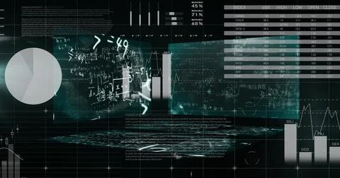 Mathematical equations floating against statistical data processing against Stock Illustration