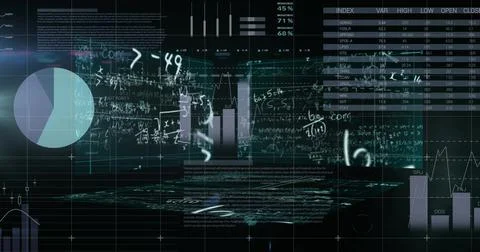 Mathematical equations floating against statistical data processing against Stock Illustration