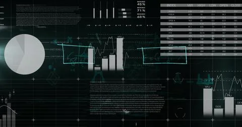 Mathematical equations floating against statistical data processing against Illustrazione stock