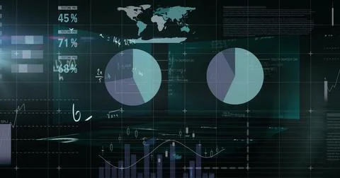 Mathematical equations floating against statistical data processing against Illustrazione stock