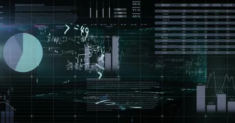 Mathematical equations floating against statistical data processing against Stock Illustration