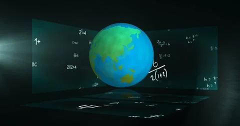 Mathematical equations floating around globe, symbolizing education and learning Illustrazione stock