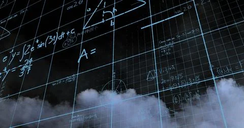 Mathematical equations over grid network against smoke effect on black Stock Illustration
