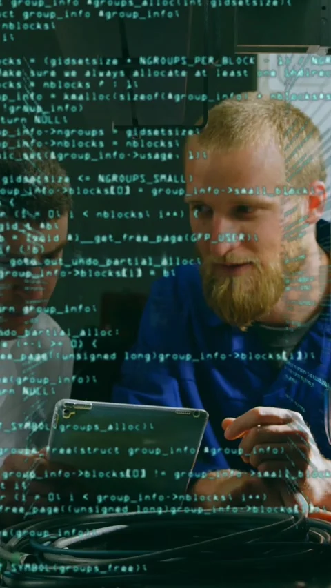 Mathematical equations over men on tablet talking in computer server. Video stock 342910371