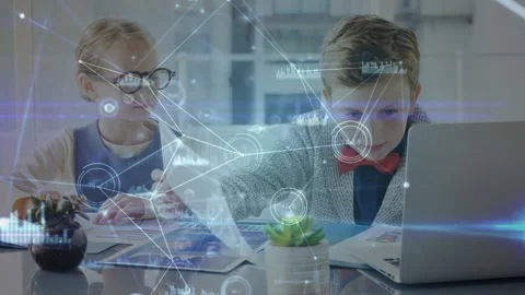 Mathematical equations over young group working on laptop. Stock Footage 138718502