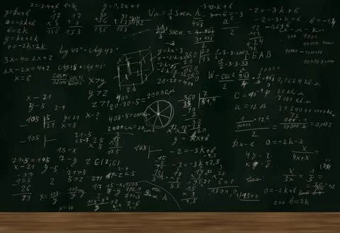Mathematical equations written on a blackboard. Math background. Math formula Illustration
