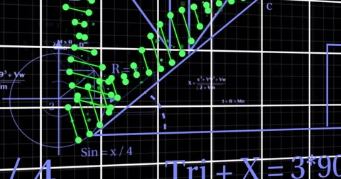 Mathematical formulas and graphs with green data points over black grid Stock Footage 307661397