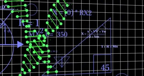 Mathematical formulas and graphs with green data points over black grid Stockillustratie