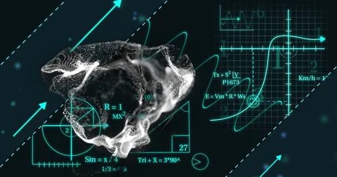 Mathematical formulas and graphs over 3D skull model, scientific analysis イラスト素材