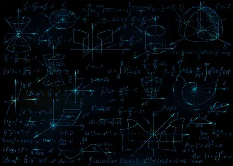 Mathematical formulas drawn by hand on the black chalkboard for the backgroun Stock Illustration