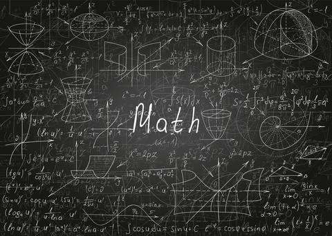 Mathematical formulas drawn by hand on a black unclean chalkboard for the b.. Stock Illustration