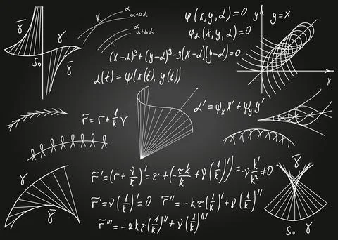 Mathematical formulas drawn by hand on the black chalkboard for the backgroun Stock Illustration
