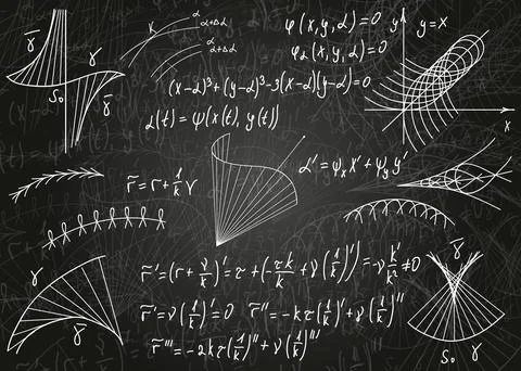 Mathematical formulas drawn by hand on a black unclean chalkboard for the b.. Stock Illustration