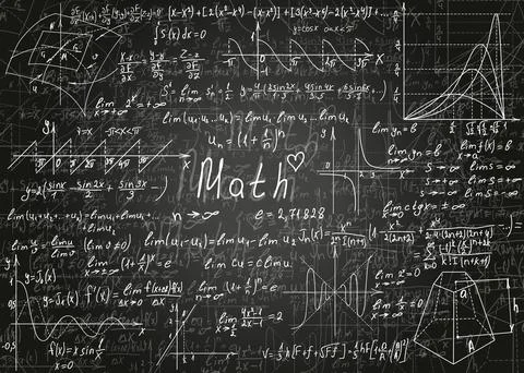 Mathematical formulas drawn by hand on a black unclean chalkboard for the b.. Stock Illustration