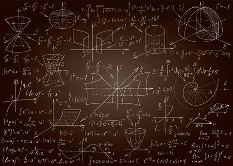 Mathematical formulas drawn by hand on a brown chalkboard for the backgroun.. Stock Illustration