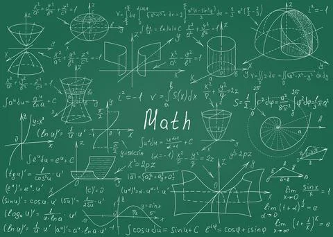 Mathematical formulas drawn by hand on a green chalkboard for the background. Illustrazione stock