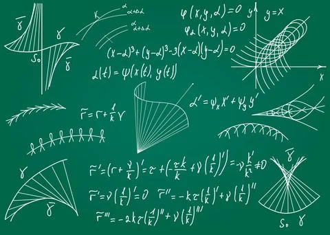 Mathematical formulas drawn by hand on a green chalkboard for the backgroun.. Stock Illustration
