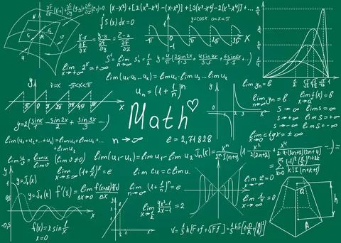 Mathematical formulas drawn by hand on the green chalkboard for the backgro.. Stock Illustration