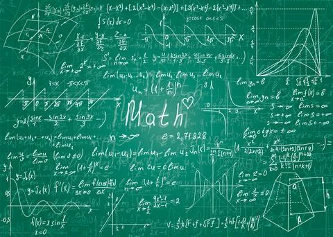 Mathematical formulas drawn by hand on a green unclean chalkboard for the b.. Stock Illustration