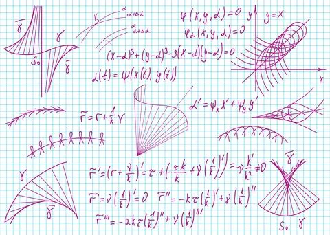 Mathematical formulas drawn by hand on a notebook page for the background. Ve Stock Illustration