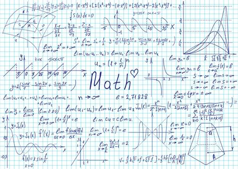 Mathematical formulas drawn by hand on a notebook page for the background. Ve Illustrazione stock
