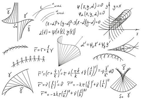 Mathematical formulas drawn by hand on a white chalkboard for the background. Stock Illustration