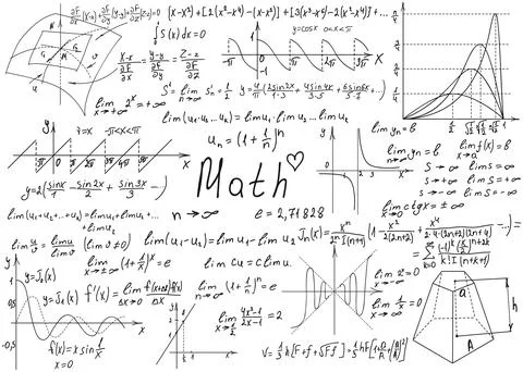 Mathematical formulas drawn by hand on a white chalkboard for the backgroun.. Illustrazione stock