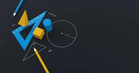 Mathematical geometry shapes in dark background 3d render Stock Illustration