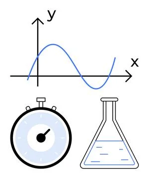 Mathematical Graph, Stopwatch, and Flask Representing Data Analysis and Sci.. Stock Illustration