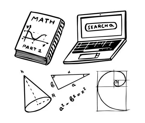 Mathematical icons. Computer and book, cone and hypotenuse. Graphs and figures Stock Illustration
