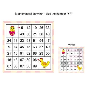 Mathematical labyrinth, worksheet - plus the number . Mathematical puzzle gam Illustrazione stock