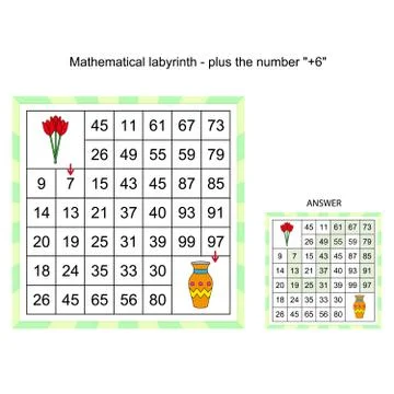 Mathematical labyrinth, worksheet - plus the number . Mathematical puzzle gam Stock Illustration