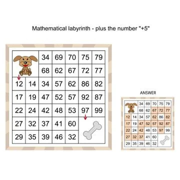 Mathematical labyrinth, worksheet - plus the number . Mathematical puzzle gam Stock Illustration