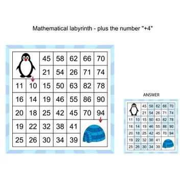 Mathematical labyrinth, worksheet - plus the number . Mathematical puzzle gam Stock Illustration