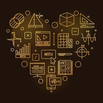 Mathematical Sciences concept linear golden heart-shaped banner. Math vecto.. 스톡 일러스트