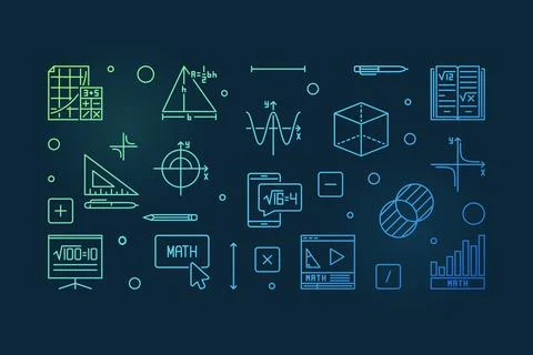 Mathematical Sciences linear colored horizontal banner. Math vector outline.. Stock Illustration