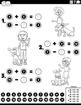 Mathematical task with comic children and pets coloring page イラスト素材